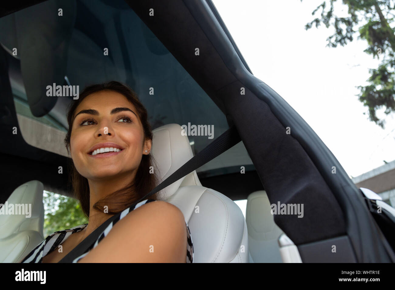 Dark-eyed appealing woman feeling cheerful while driving Stock Photo