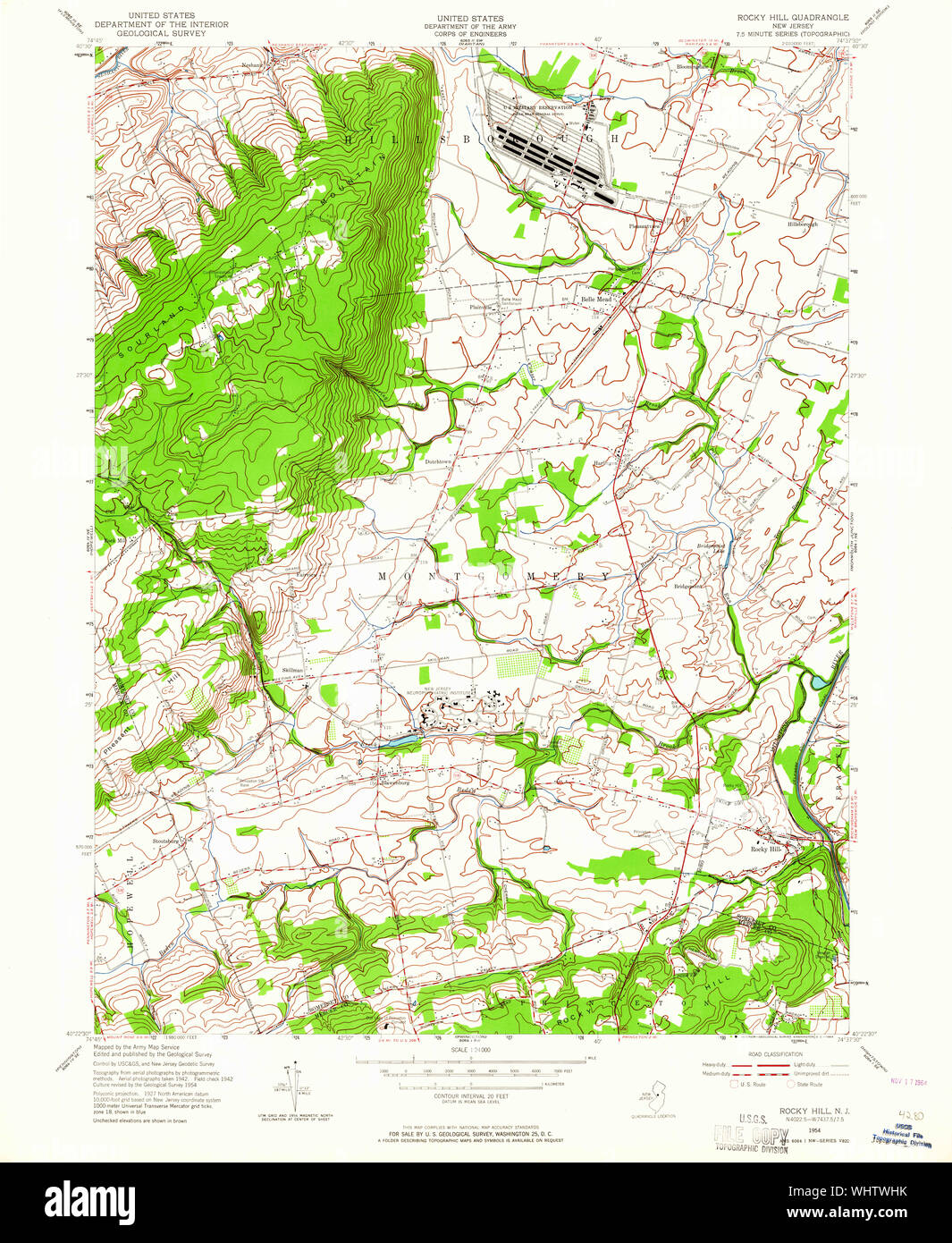 USGS TOPO Map New Jersey NJ Rocky Hill 254824 1954 24000 Restoration Stock Photo