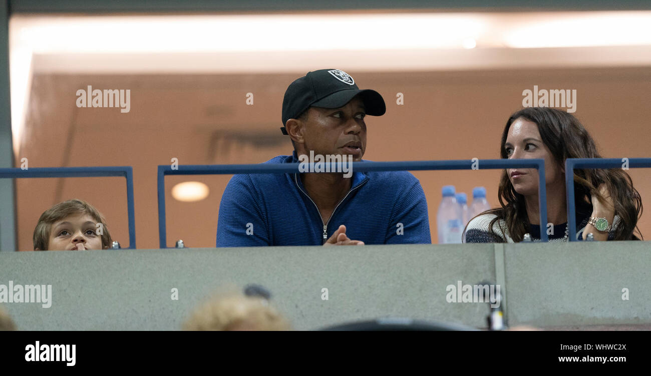 New York, NY - September 2, 2019: Tiger Woods attends round 4 of US Open Championship between Rafael Nadal (Spain) and Marin Cilic (Croatia) at Billie Jean King National Tennis Center Stock Photo