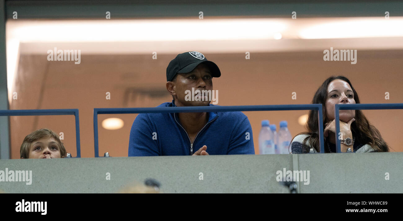 New York, NY - September 2, 2019: Tiger Woods attends round 4 of US Open Championship between Rafael Nadal (Spain) and Marin Cilic (Croatia) at Billie Jean King National Tennis Center Stock Photo