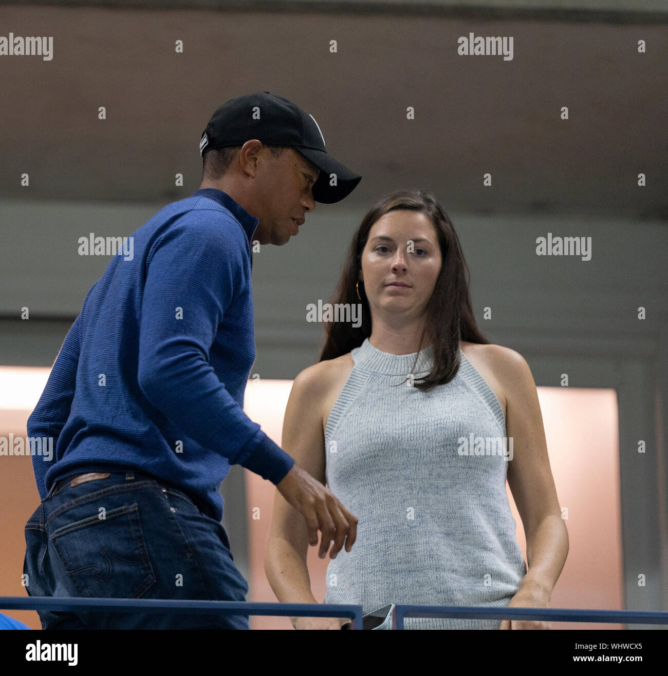 New York, NY - September 2, 2019: Tiger Woods attends round 4 of US Open Championship between Rafael Nadal (Spain) and Marin Cilic (Croatia) at Billie Jean King National Tennis Center Stock Photo