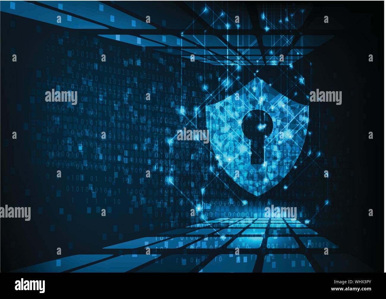 Cyber security concept: Shield With Keyhole icon on digital data ...