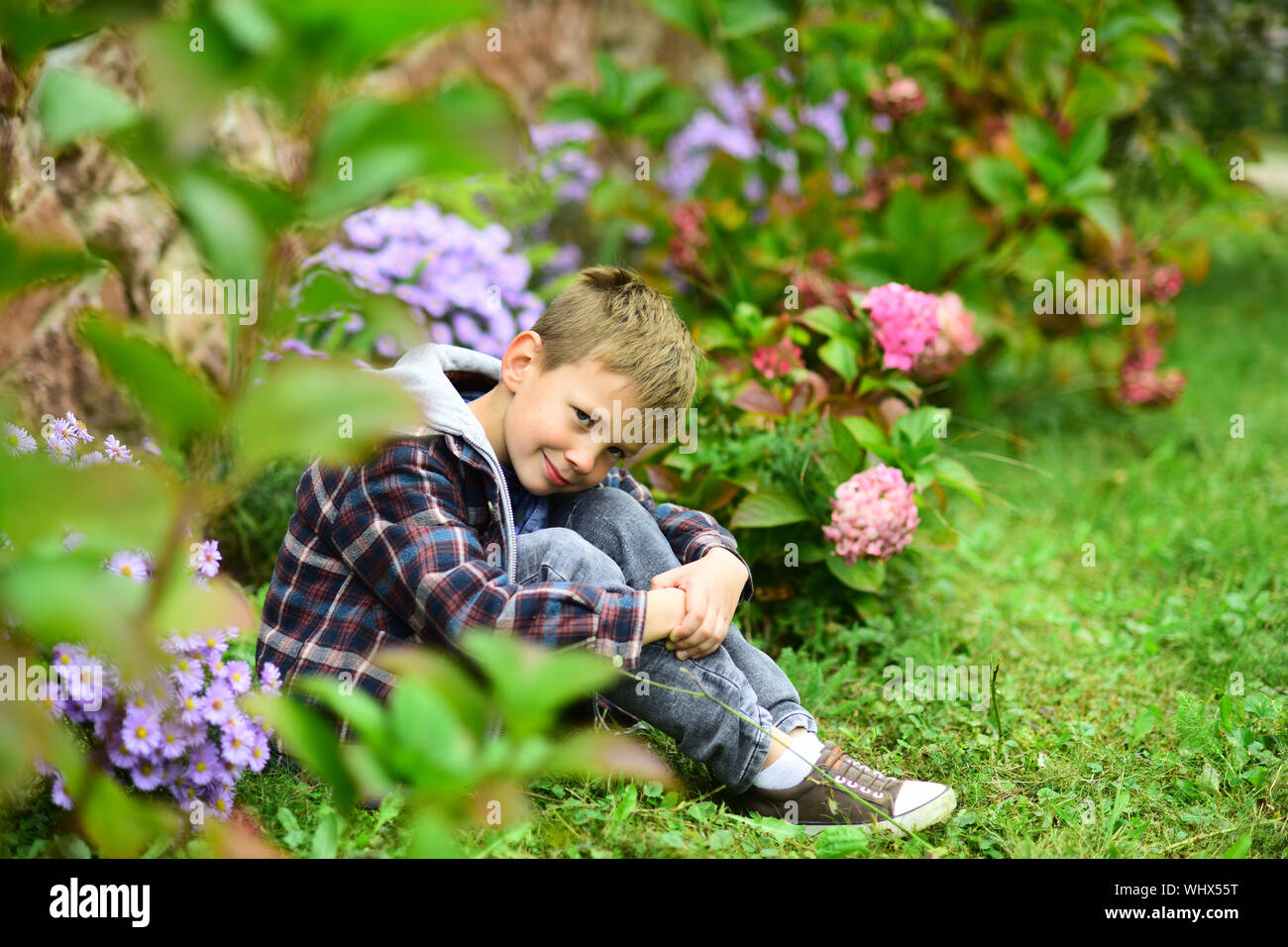 What to expect. Small boy relax in garden. Small boy expecting something. Live in the very soul of expectation of better things. Where expectation and Stock Photo