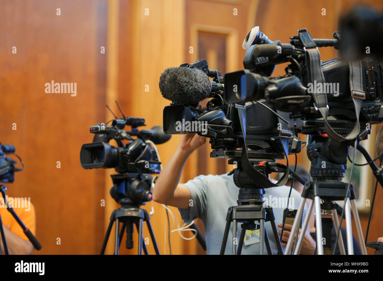 Details with television video cameras and recording equipment during a press event Stock Photo