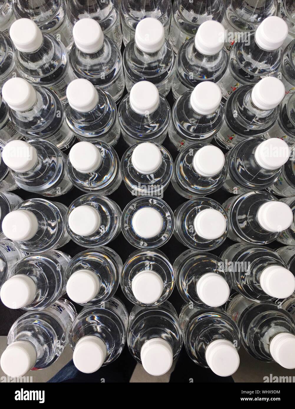 Directly Above View Of Water Bottles Stock Photo