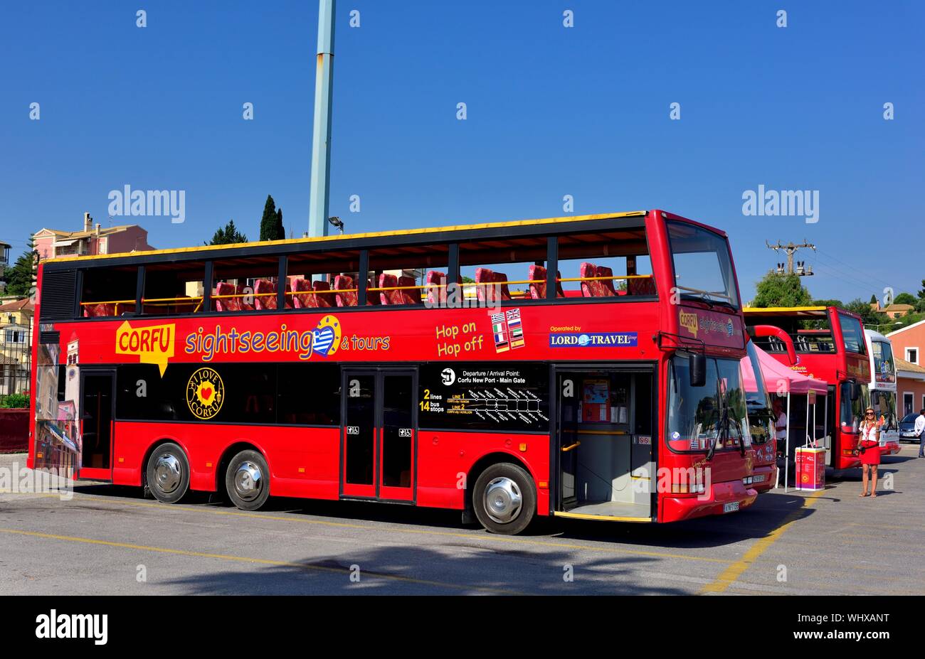 Corfu City Tours,open top bus,guided sightseeing,Corfu,Kerkyra,Kerkira,Greece,Ionian Islands Stock Photo