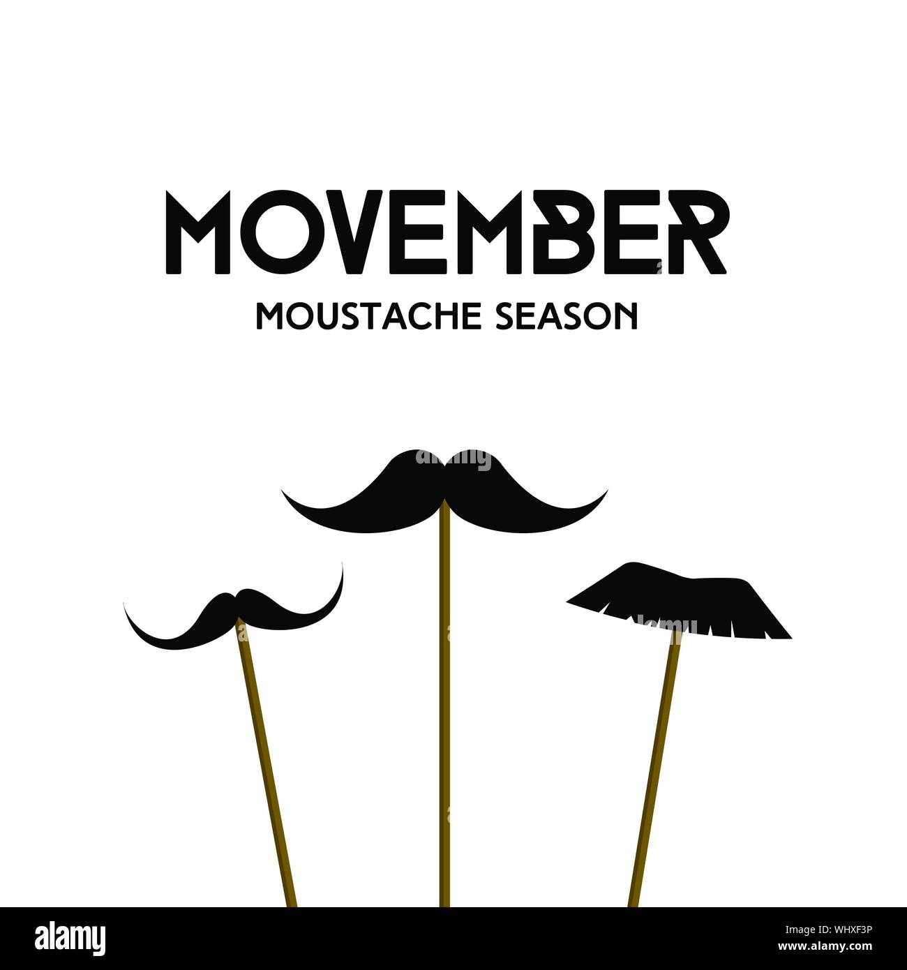 Movember. Mustache season. Vector minimal greeting card with mustache masks on sticks Stock Vector