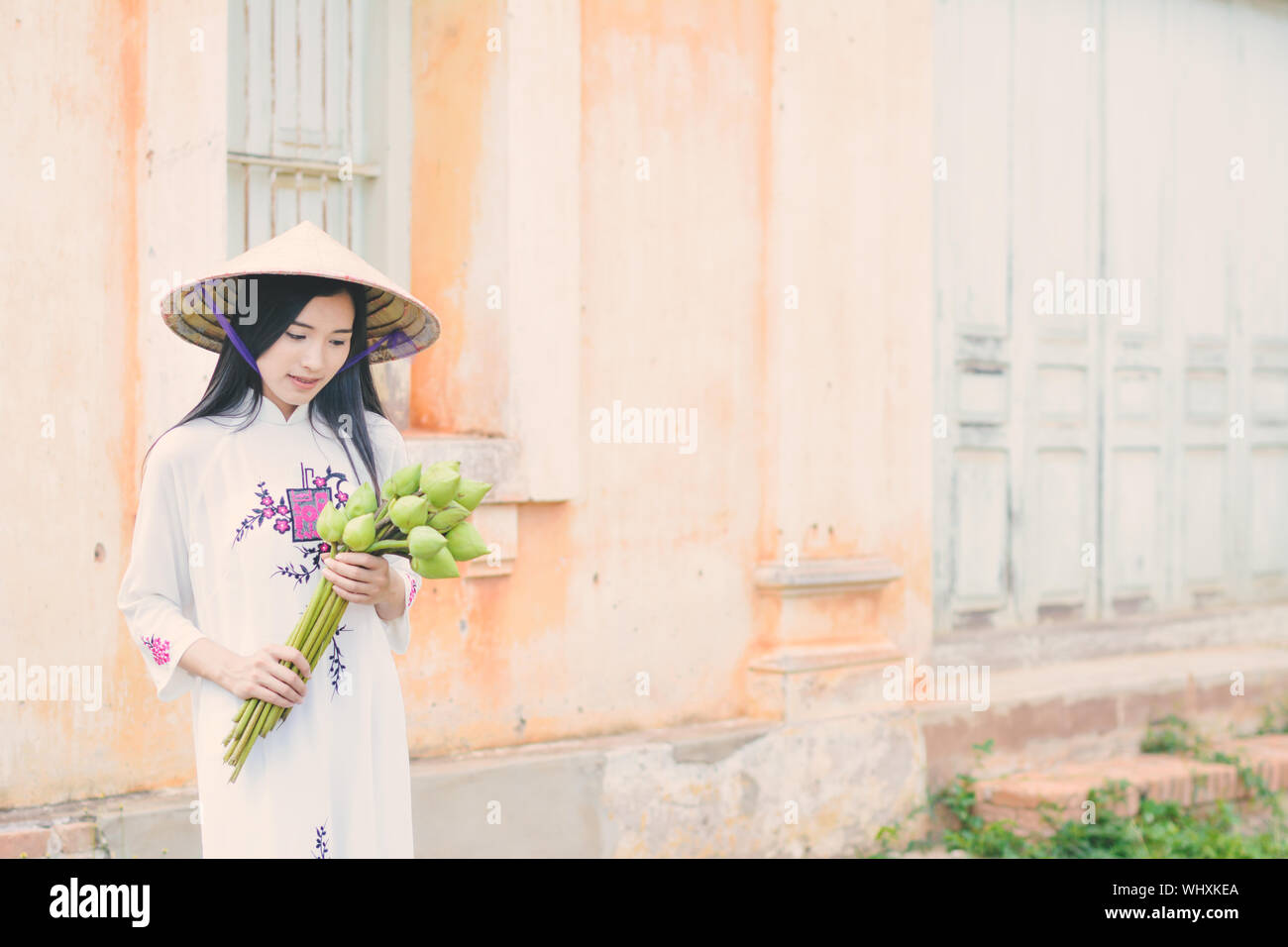 Beautiful Woman Wearing Conical Hat Standing Holding Lotus Buds Stock Photo
