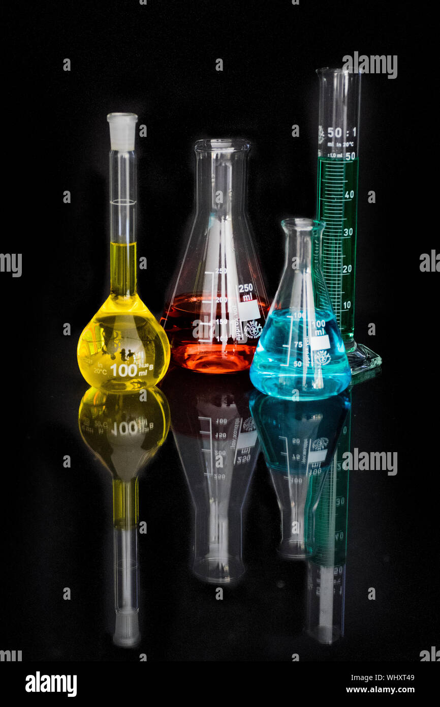 Test Tubes And Beakers With Colorful Liquids In Laboratory Stock Photo