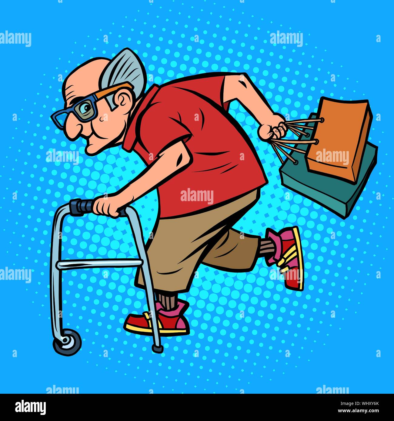 Active old man with shopping. Comic cartoon pop art retro vector illustration drawing Stock Vector