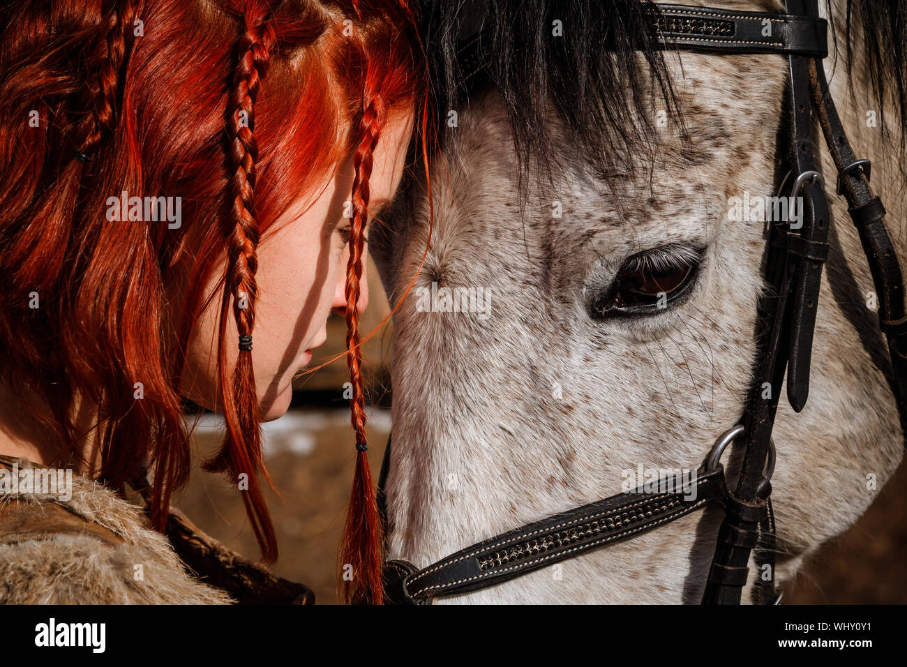 Red-haired woman with a faithful horse preparing for battle Stock Photo