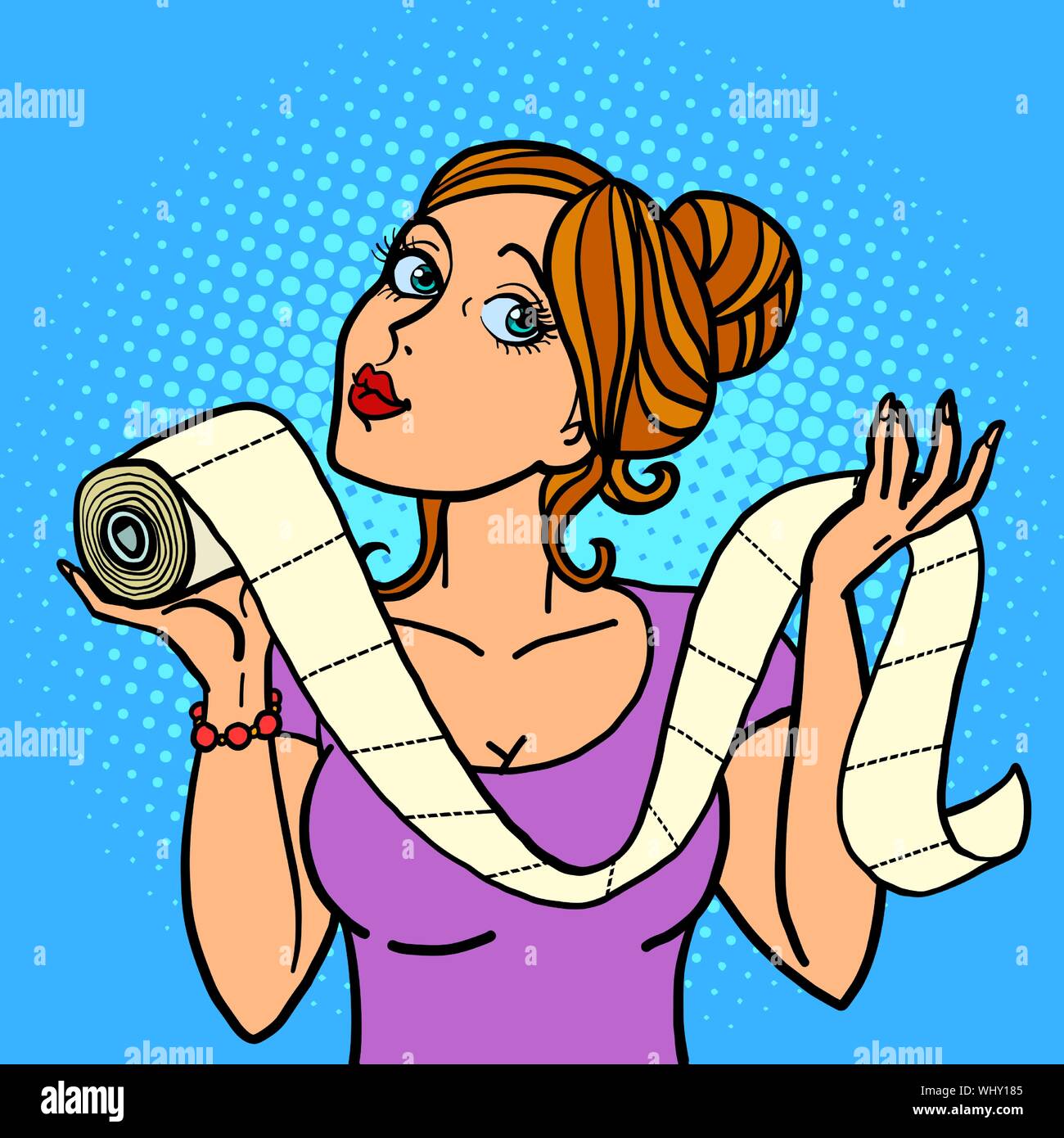 woman lady girl and toilet paper. Comic cartoon pop art retro vector