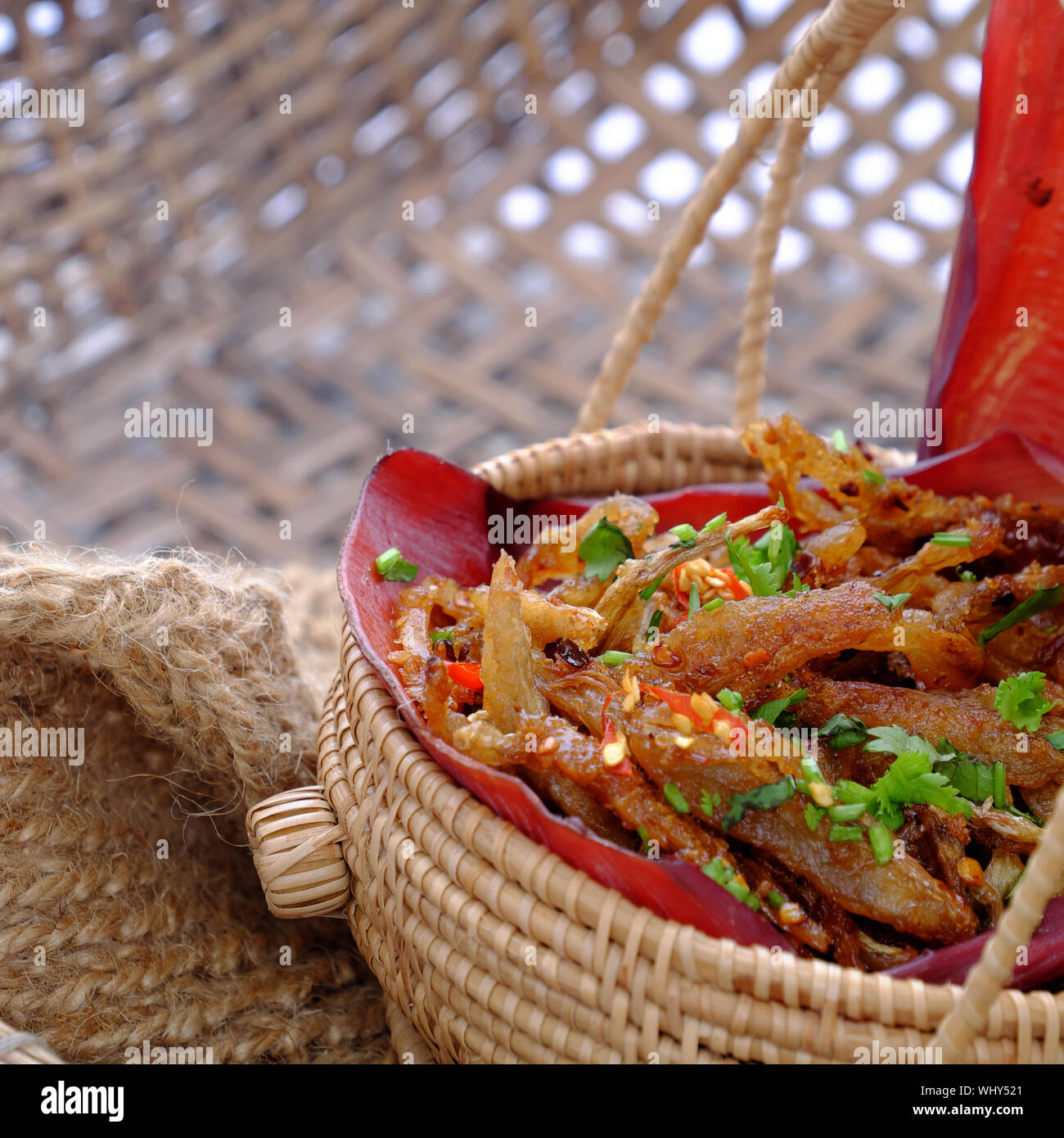 Close up of homemade Vietnamese food for vegetarian, banana flower vegan fish, a delicious