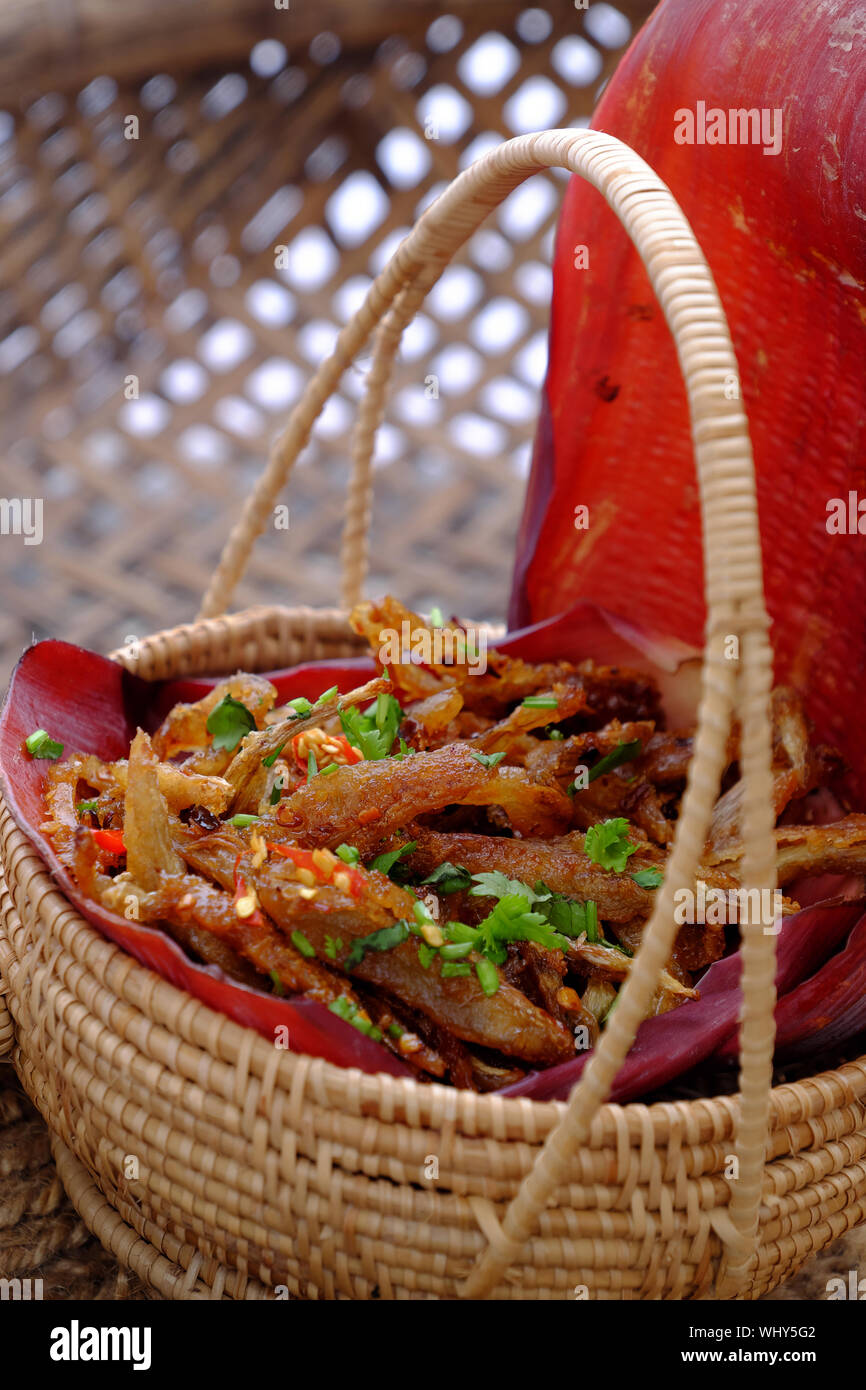 Close up of homemade Vietnamese food for vegetarian, banana flower vegan fish, a delicious