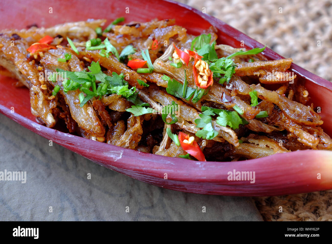 Close up of homemade Vietnamese food for vegetarian, banana flower vegan fish, a delicious