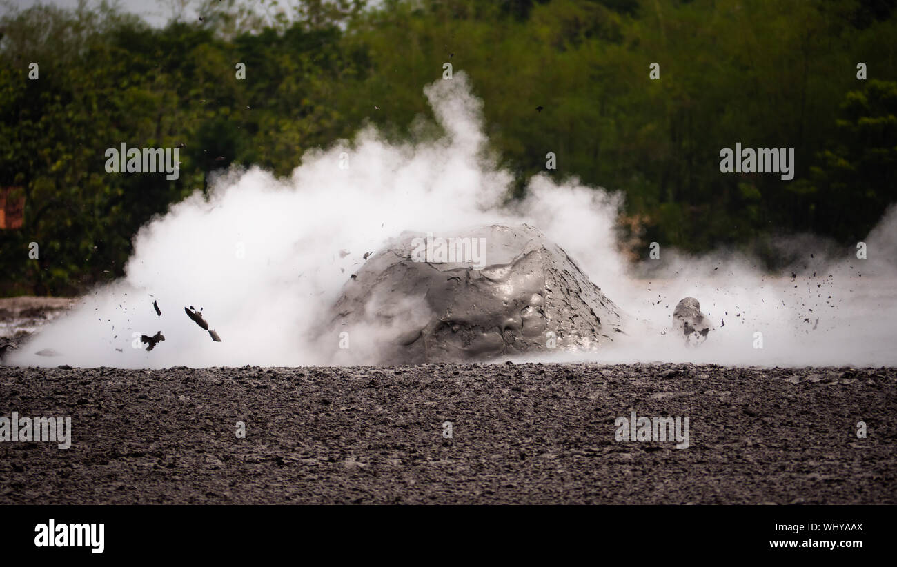 Java Mud Volcano mud volcano with bursting bubble bledug kuwu. volcanic plateau with ...