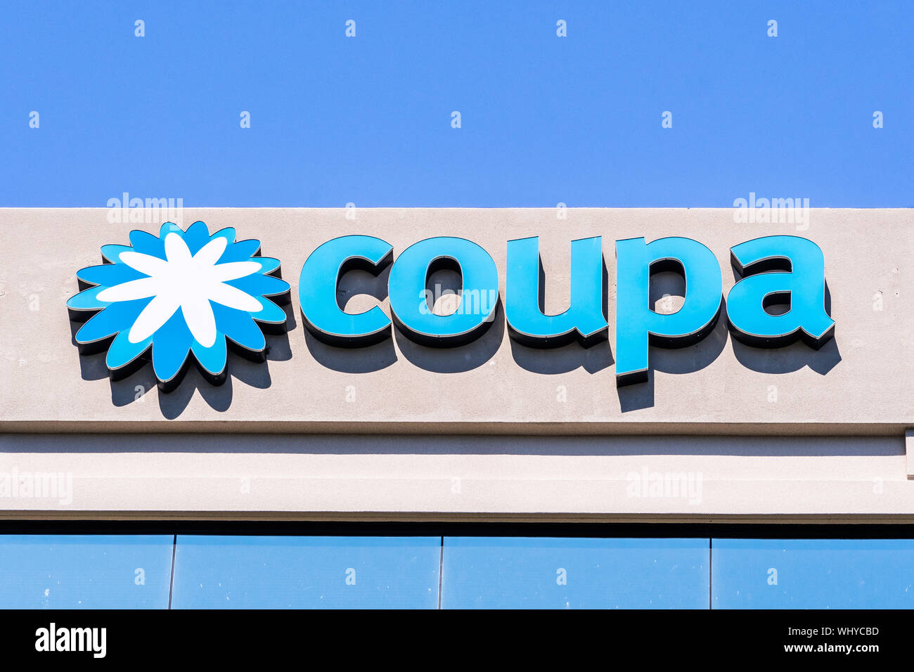 August 24, 2019 San Mateo / CA / USA - Close up of Coupa sign at their headquarters in Silicon Valley; Coupa Software is a global technology platform Stock Photo