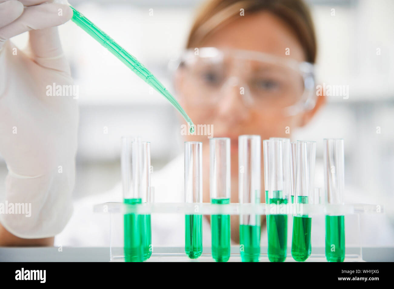Closeup of a female scientist filling test tubes with pipette in ...