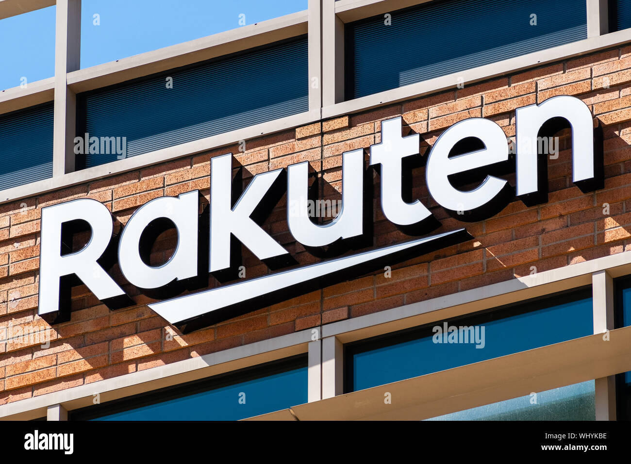 August 24, 2019 San Mateo / CA / USA - Close up Rakuten sign at their headquarters located in Silicon Valley; Rakuten Inc is a Japanese electronic com Stock Photo