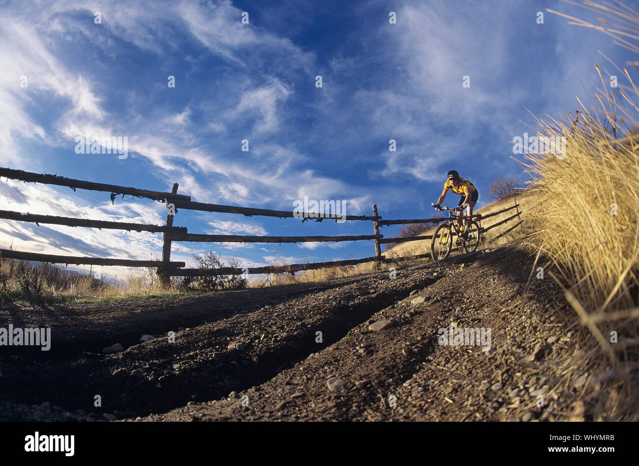 Man mountain biking on countryside path against fence and sky Stock Photo