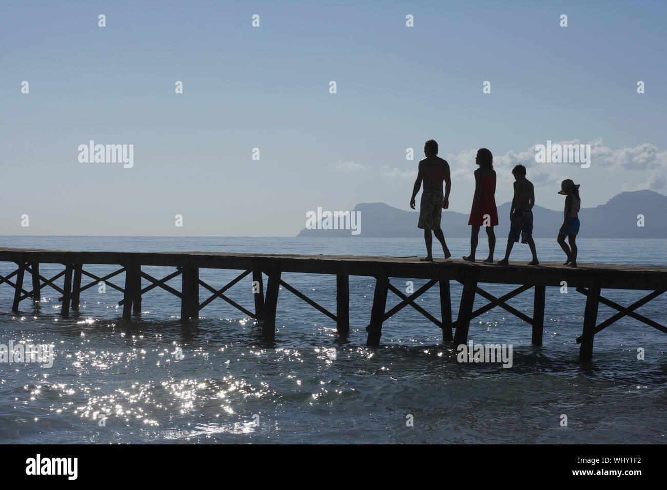 Full length of silhouetted parents and two children walking on jetty Stock Photo