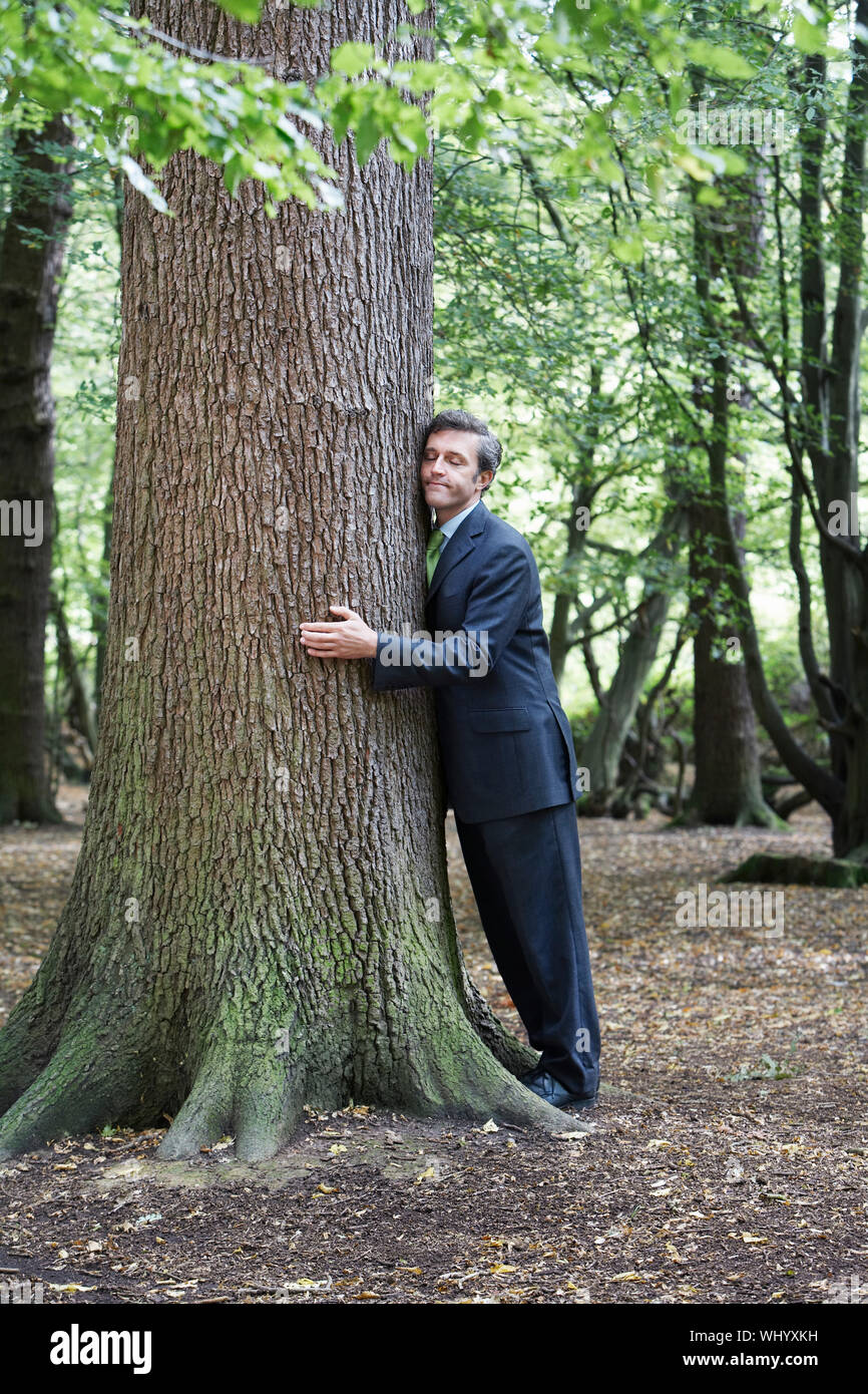 Full length of businessman hugging tree trunk in forest Stock Photo - Alamy