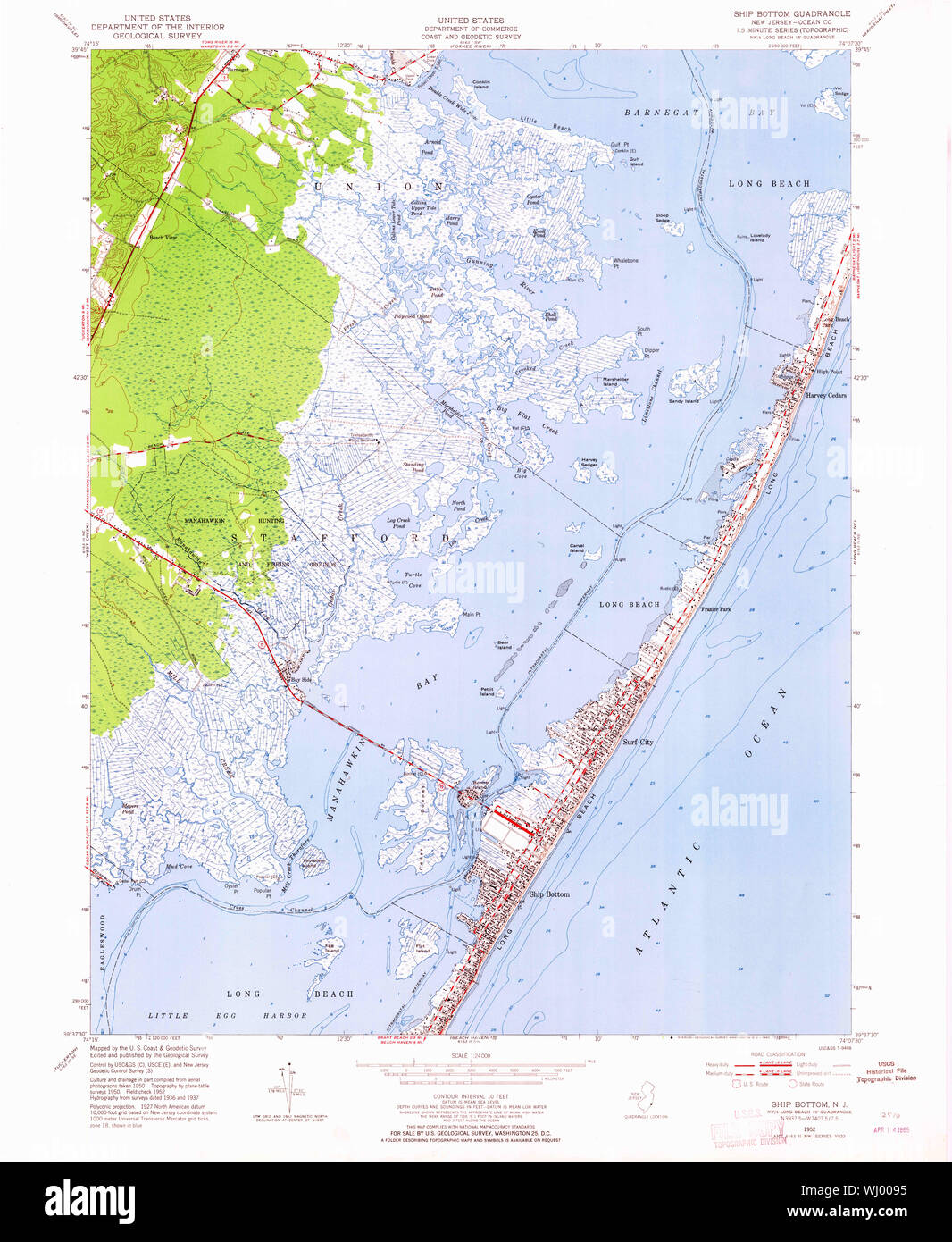 USGS TOPO Map New Jersey NJ Ship Bottom 254885 1952 24000 Restoration Stock Photo