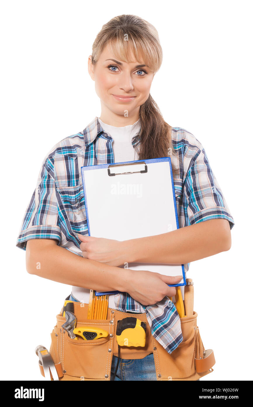 female worker holding clipboard Stock Photo