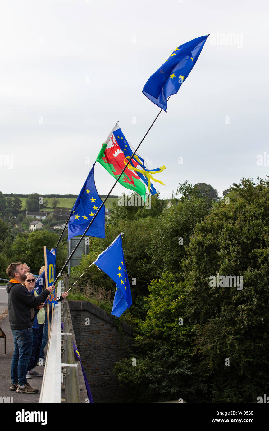Carmarthen, Wales, UK. 3 September 2019.  Supporters of Carmarthenshire4Europe hold a demonstration against Britain leaving the European Union.  On a crucial day in British politics, with opposition parties attempting to pass legislation in Westminster that would block a no deal Brexit, campaigners in Carmarthen protest against exiting the EU and the proroguing of Parliament.  Credit: Gruffydd Ll. Thomas/Alamy Live News Stock Photo