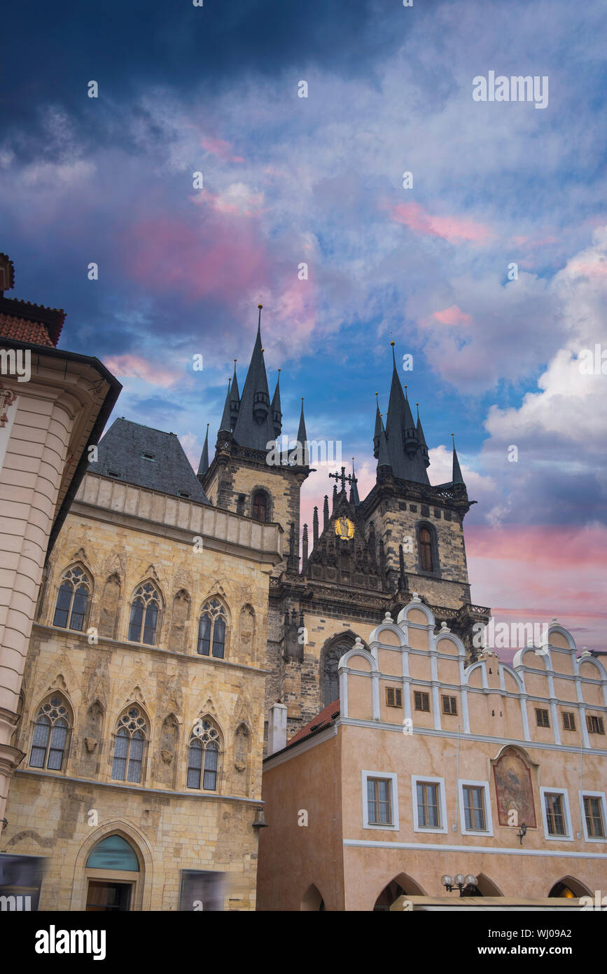 Prague Old town square, Tyn Cathedral. under sunlight. Stock Photo