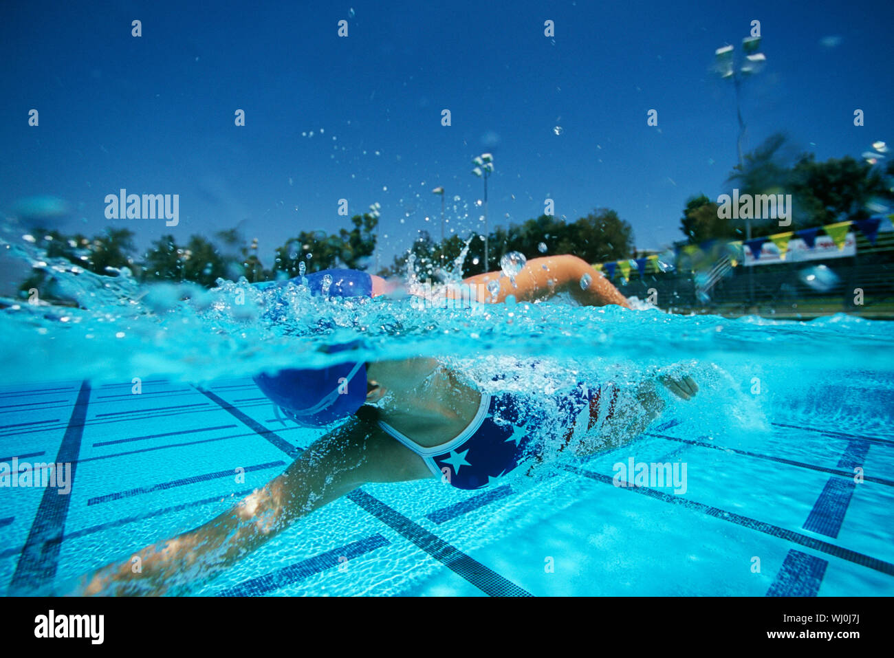 Female swimmer in pool, surface view Stock Photo