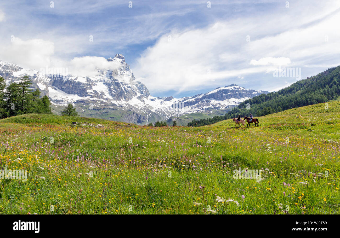 Horse riding in Italy with the Matterhorn in the distance.  The 4,478 meter high mountain (14,692 feet) straddles the Swiss and Italian border. Stock Photo