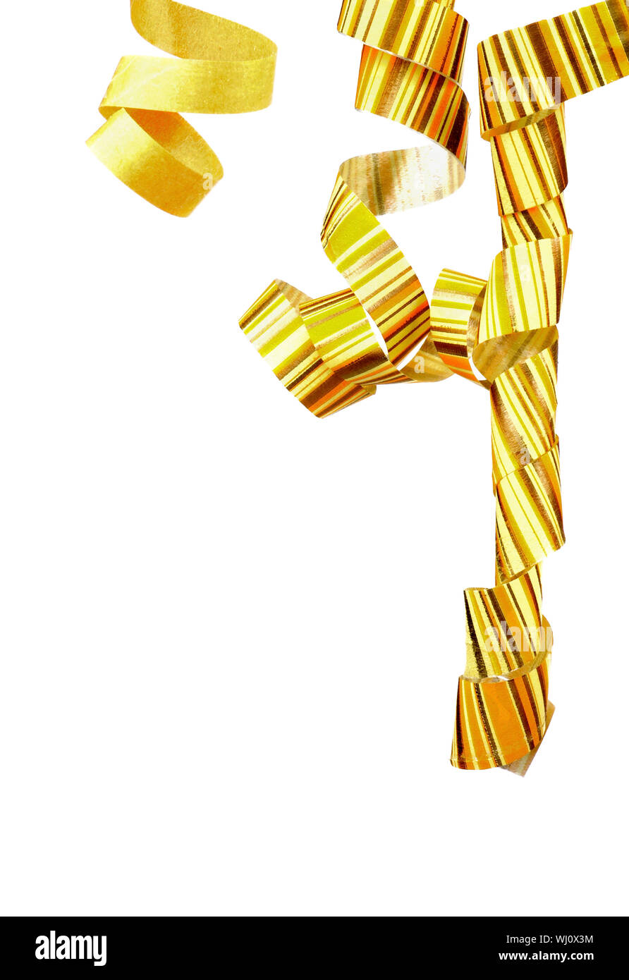 Corner Border of Striped Yellow Curly Hanging Party Streamers isolated