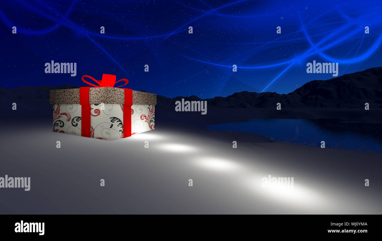 Gift box in snowy at Northpole on Christmas day Stock Photo