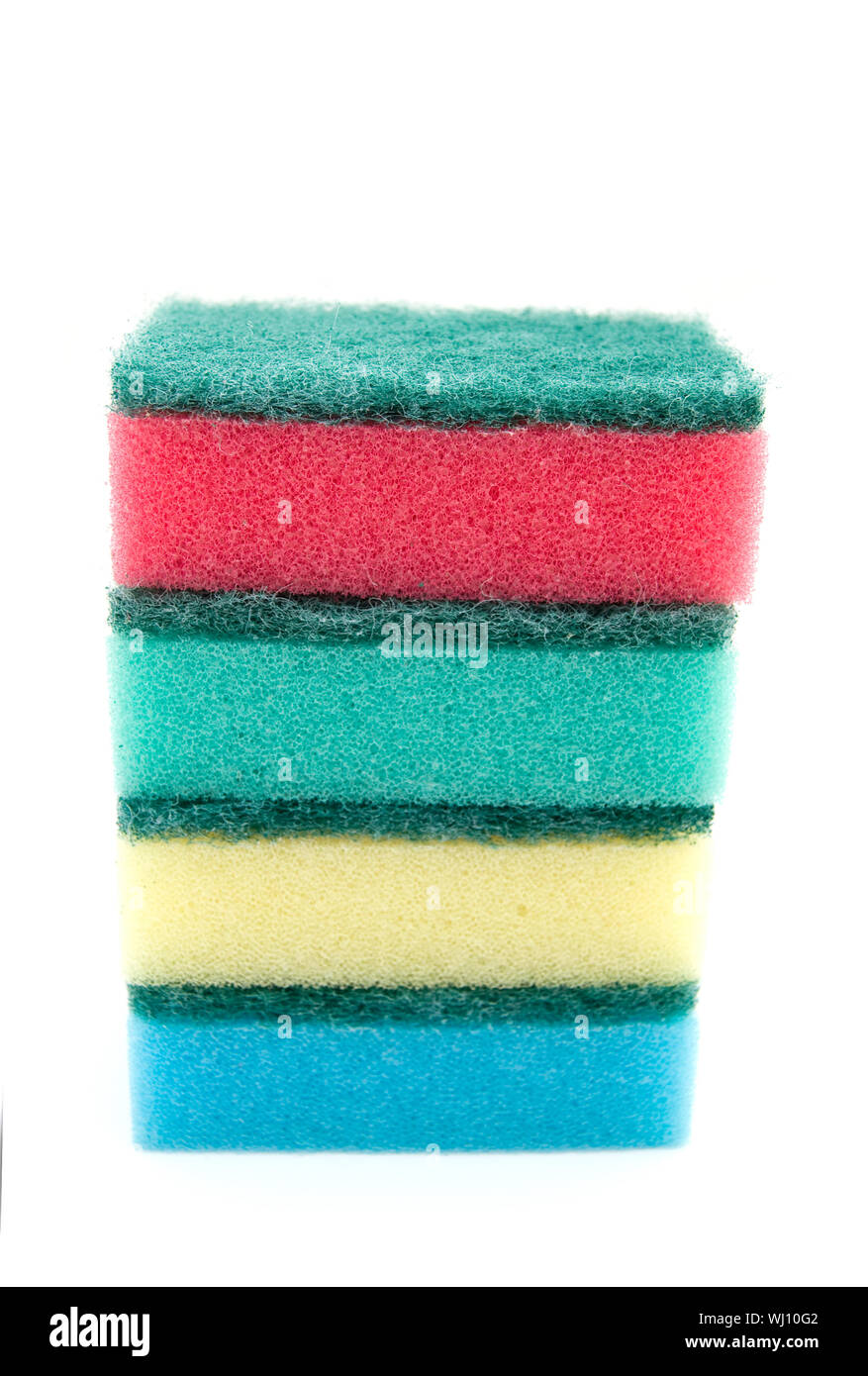 Stack of colored cleaning sponges on a white background Stock Photo - Alamy