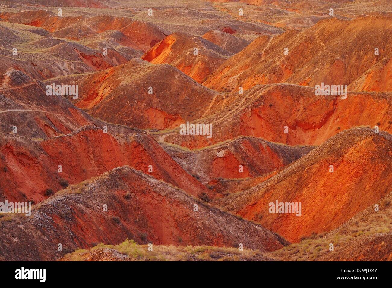 High Angle View Of Rock Formations At Danxia Landform Stock Photo