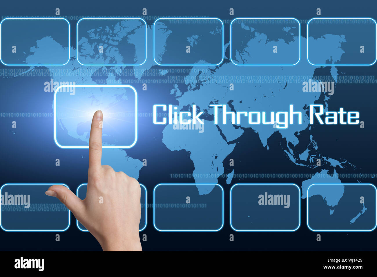 Click Through Visualisation Click Through Rate concept with interface and world map on blue ...