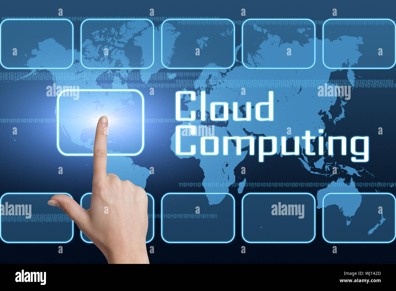 Cloud Computing concept with interface and world map on blue background ...