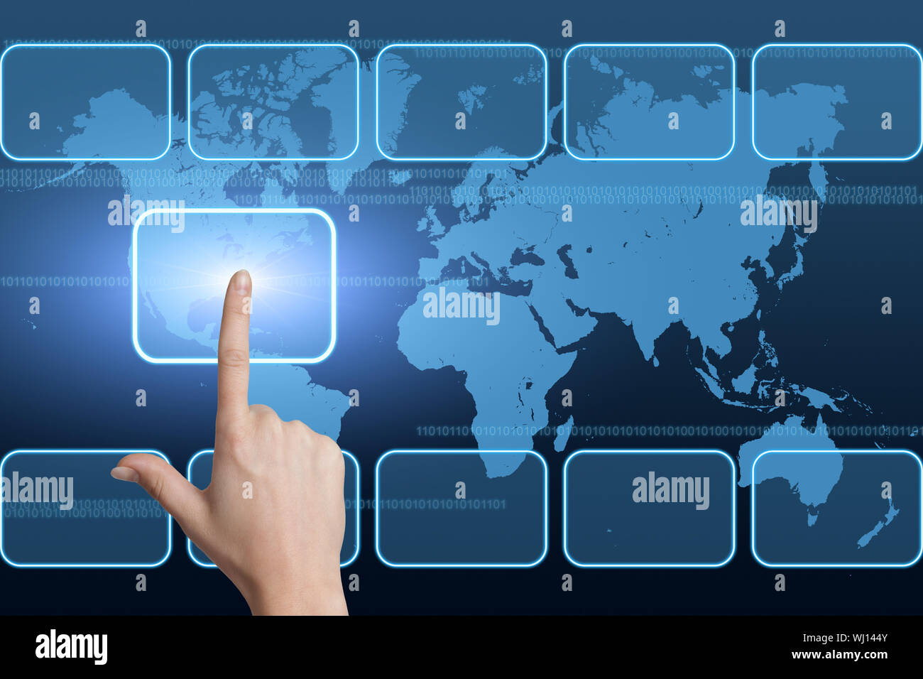 hand pressing a touchscreen button on blue background with world map