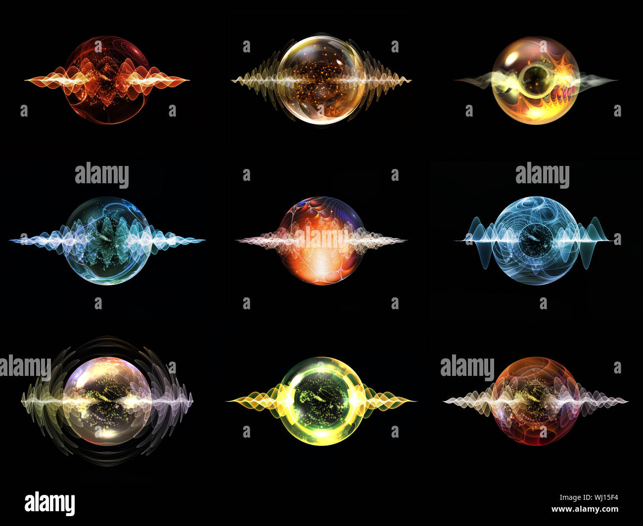 Wave Particle series. Arrangement of glowing orbs of wave energy on the ...