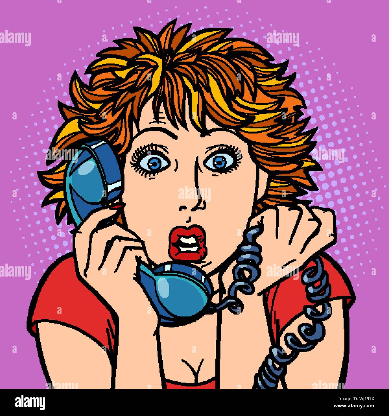 the woman is surprised. human emotions. telephone conversation. Comic cartoon pop art retro vector illustration drawing Stock Vector