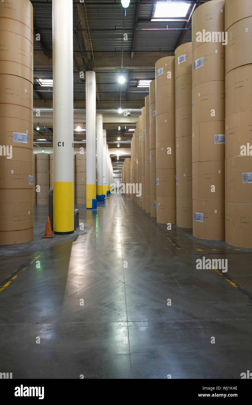 View of huge rolls of paper in spacious newspaper factory Stock Photo ...