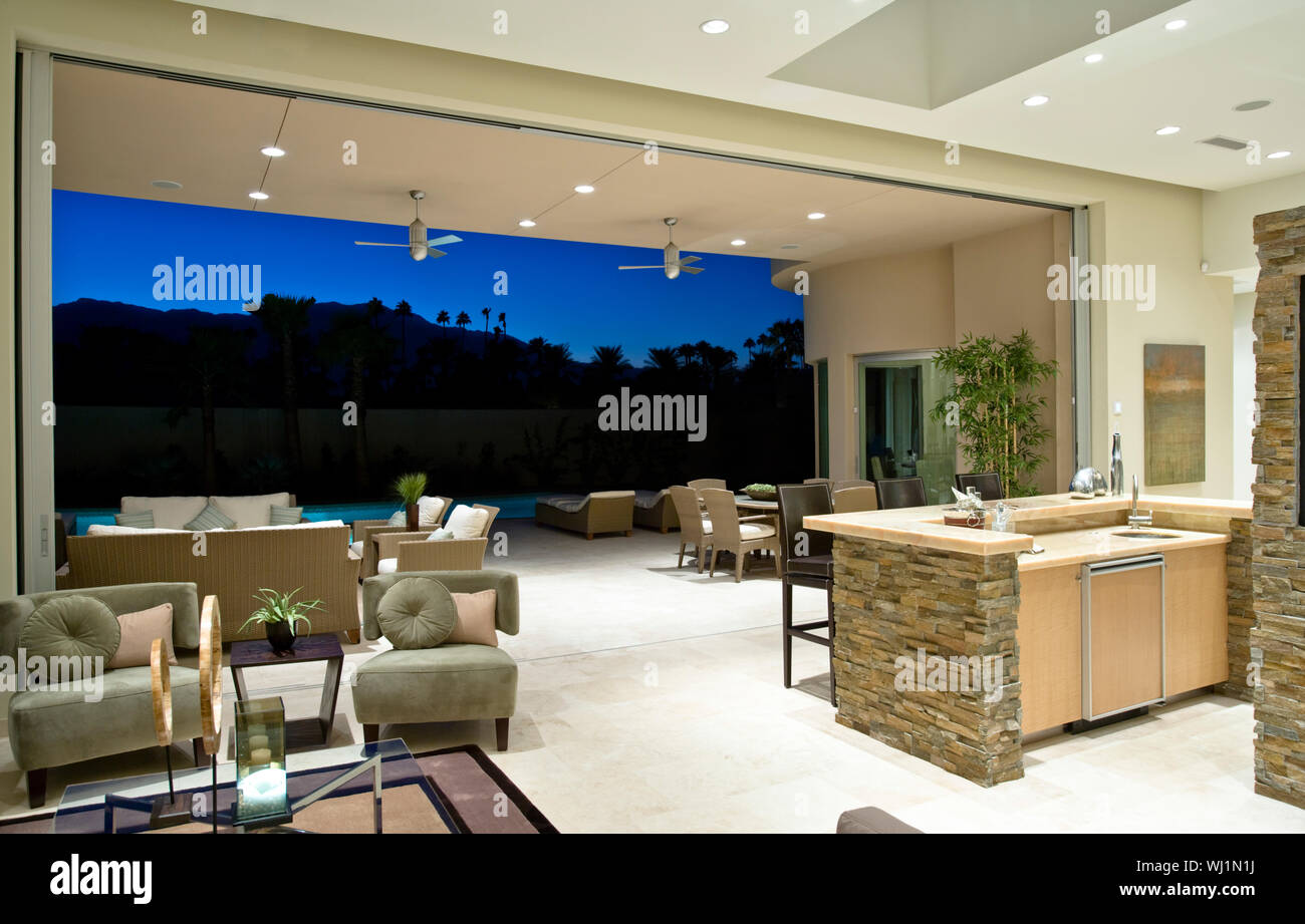 Spacious and modern house interior with night view in background Stock  Photo - Alamy