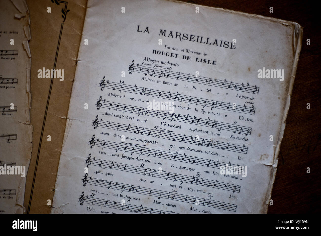 Music scroll of the french national anthem 'La Marseillaise'. Stock Photo