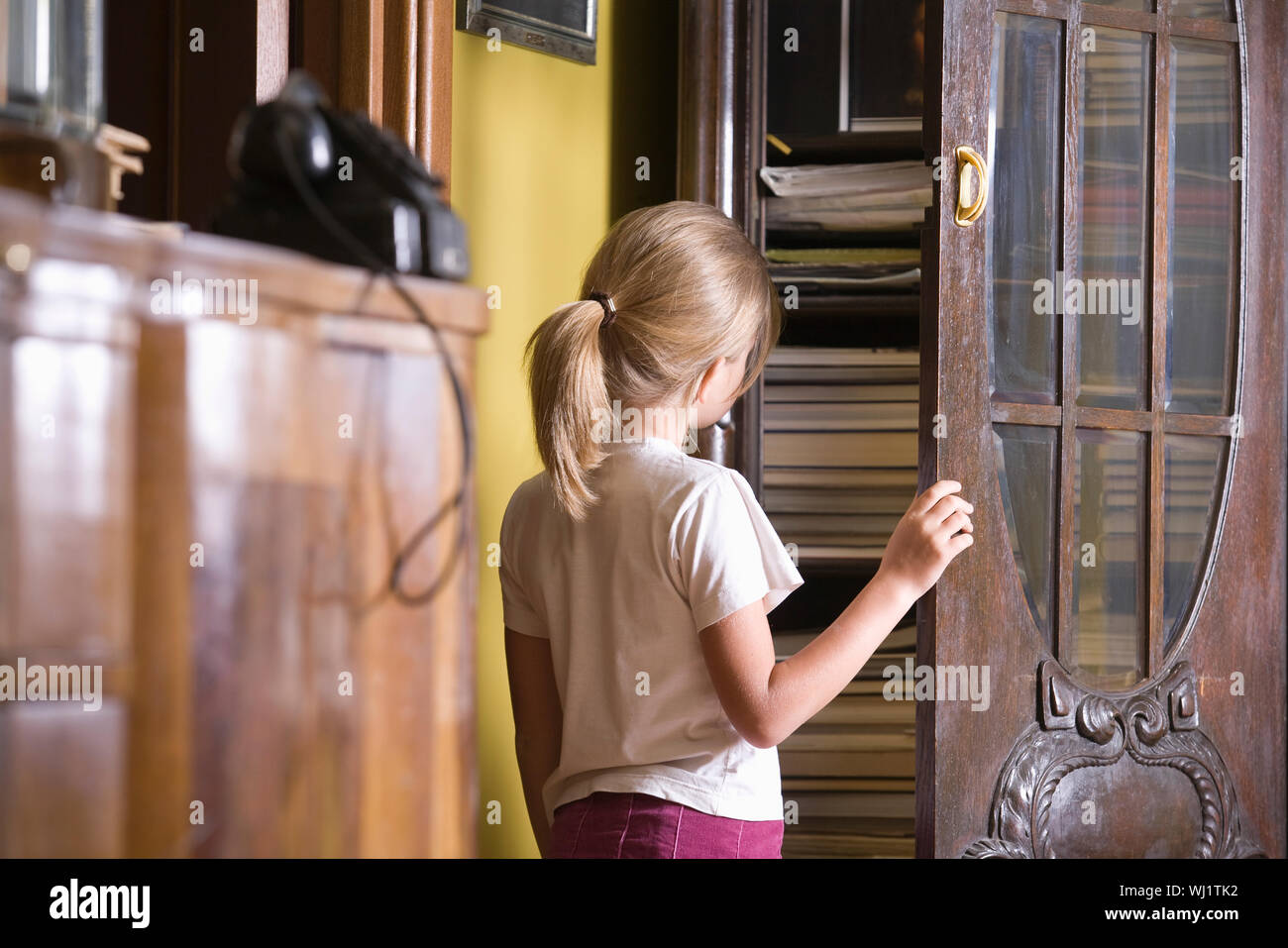 Rear view of a young girl opening cupboard door Stock Photo Alamy