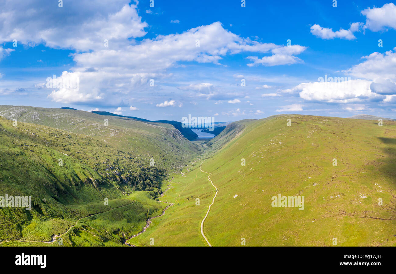 Aerial view of the Glenveagh National Park with castle Castle and Loch