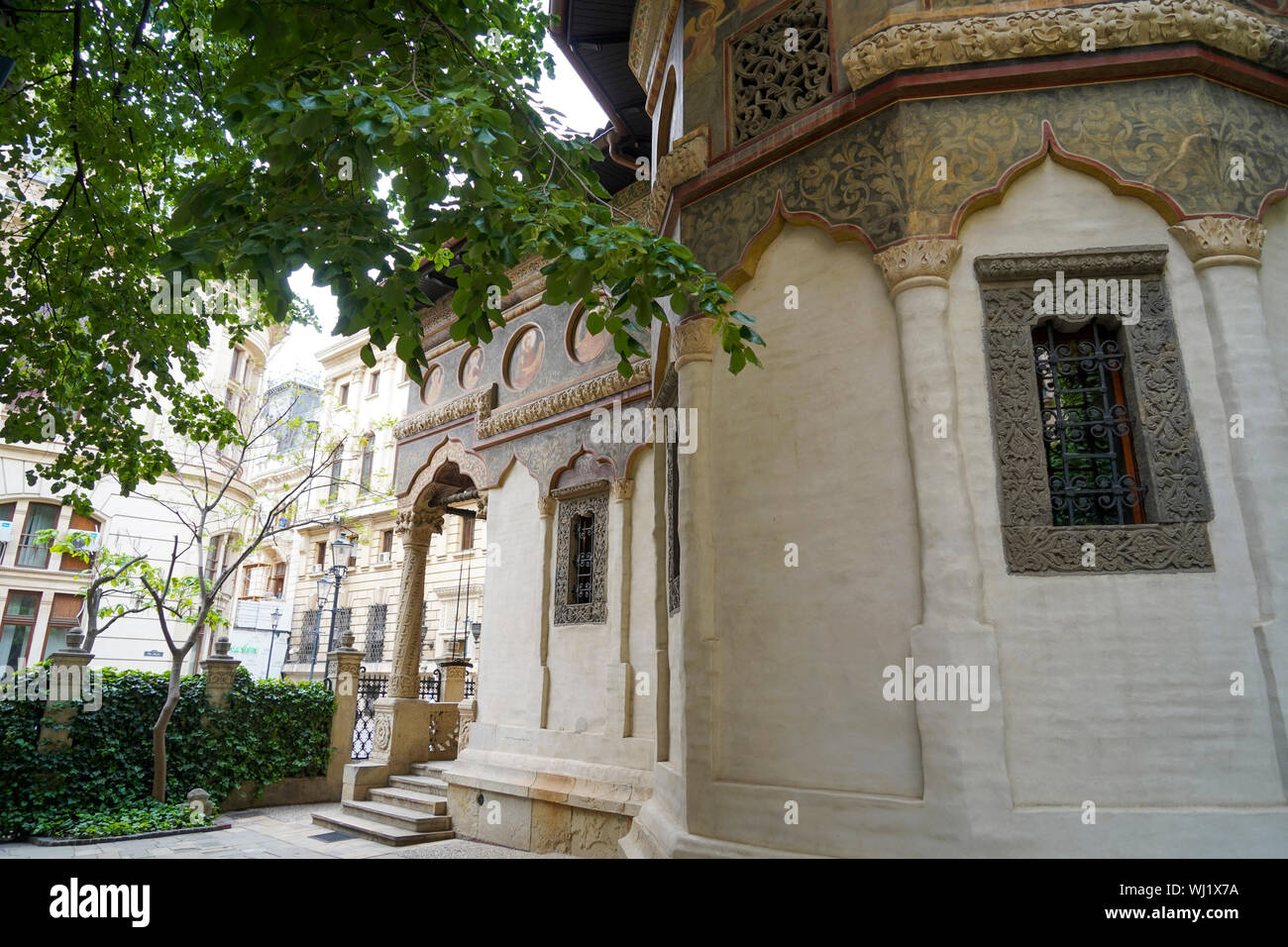 Exterior of the Stavropoleos Monastery (aka Stavropoleos Church) in Bucharest, Romania Stock Photo