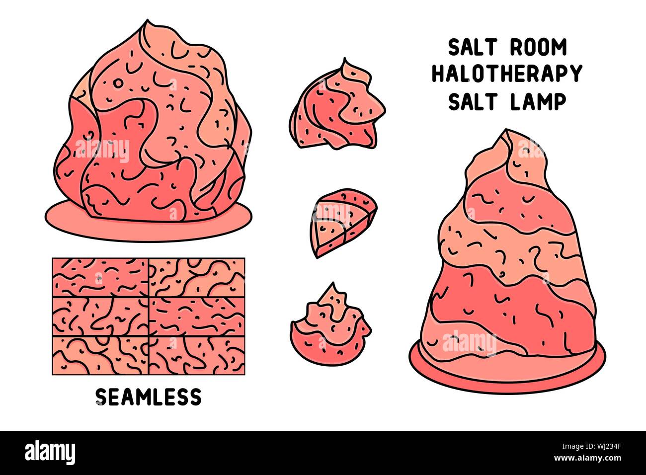 Salt lamp and salt crystals. Himalayan salt stones illustrations set. Alternative medicine logo or design of a relaxing room Stock Vector