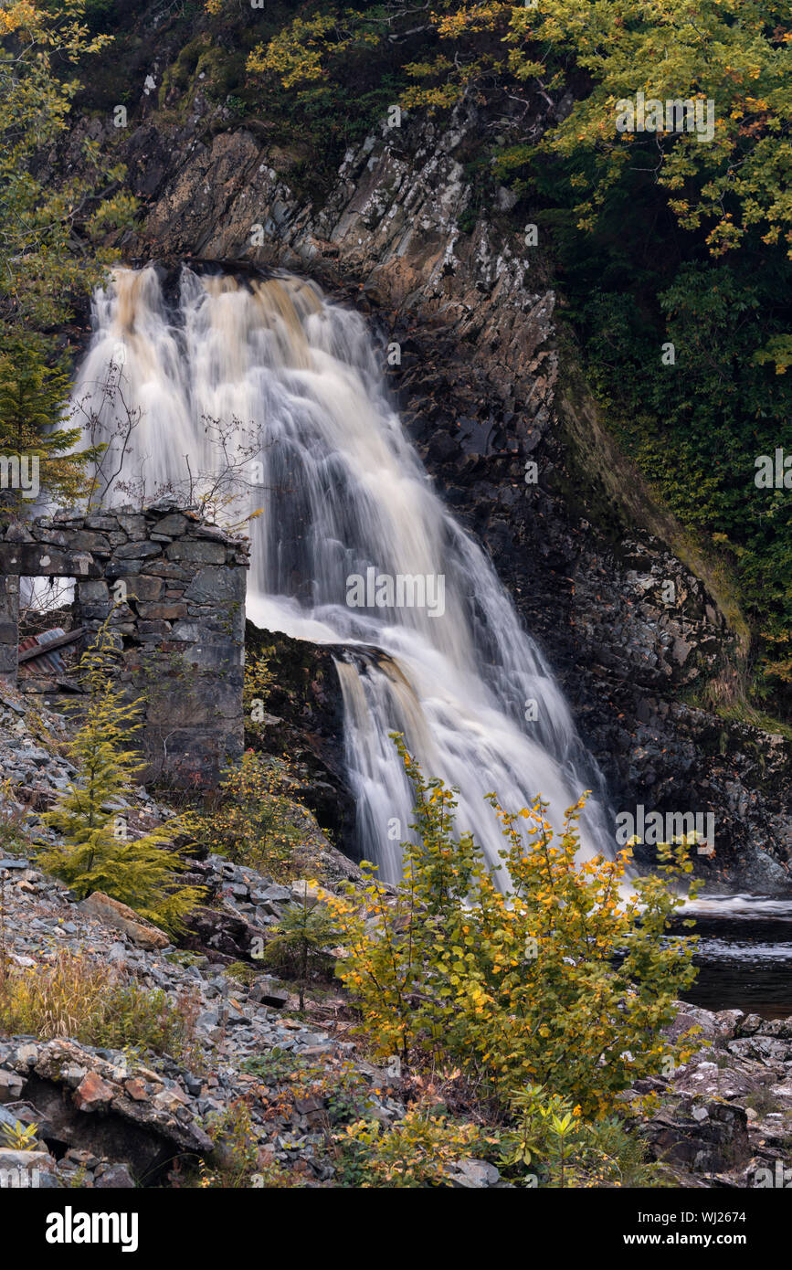 Rhaeadr Mawddach waterfall on the river Gain (Afon Gain) in the Coed-y-Brenin Forest Park. Stock Photo