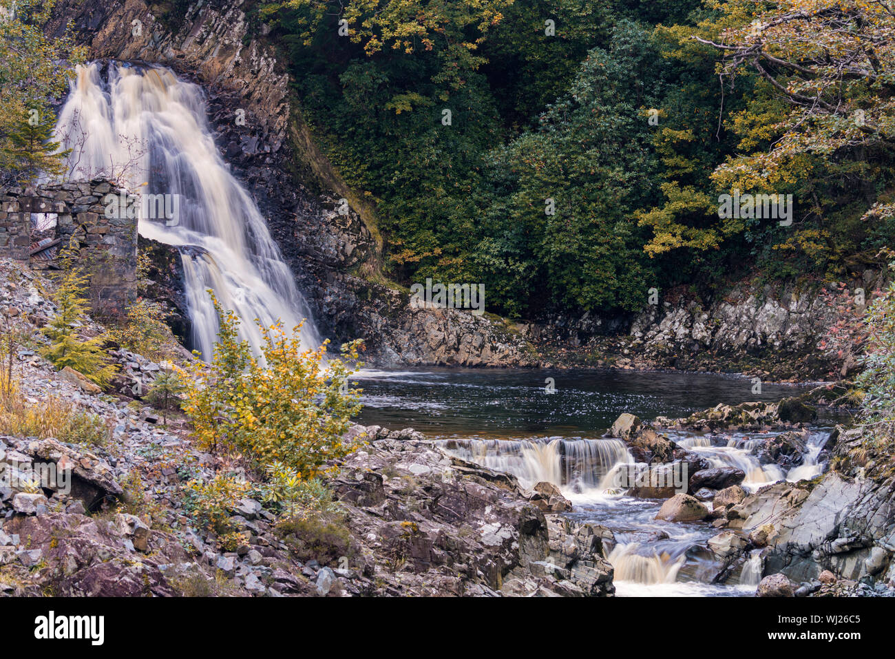 Rhaeadr Mawddach waterfall on the river Gain (Afon Gain) in the Coed-y-Brenin Forest Park. Stock Photo